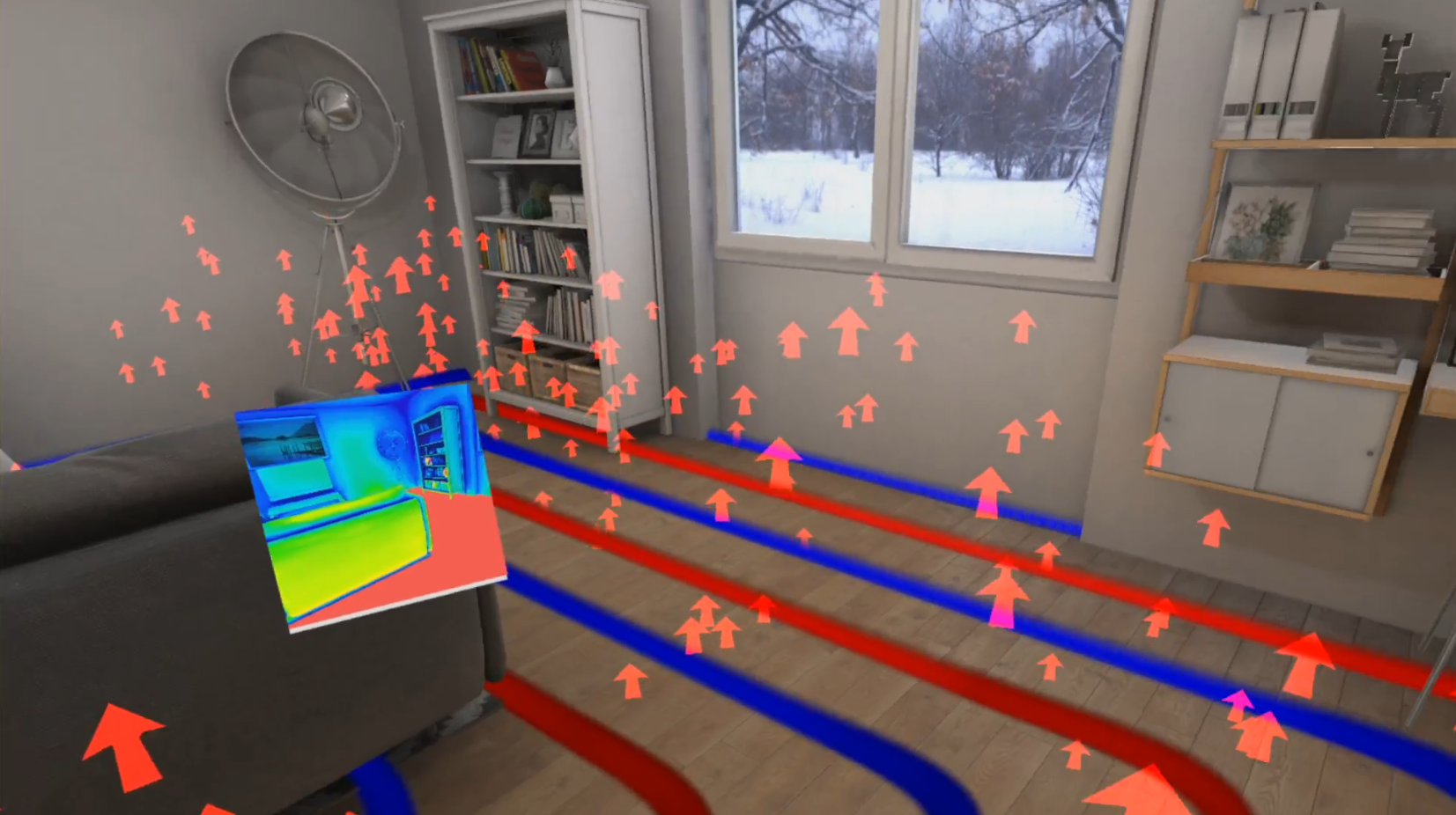 VR-Raum mir Sicht auf einen Wohnraum, die Spiralen der Fußbodenheizung sind sichtbar. Die thermischen Prozesse werden über Pfeile dargestellt.