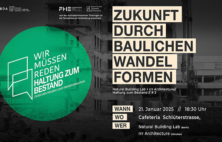 Veranstaltungsinformation für "Wir müssen reden!" am 21. Januar 2025, um 18:30 Uhr in der Cafeteria Schlüterstraße 1. Thema: "Zukunft durch baulichen Wandel formen"